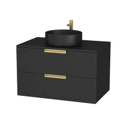 Meuble Vasque|Aurlane Meuble Salle de Bains 80 cm Laqué Noir Mat et Or Doré - 2 Tiroirs - Vasque Ronde à Poser Noire