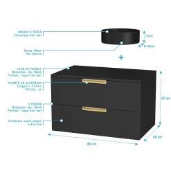 Meuble Vasque|Aurlane Meuble Salle de Bains 80 cm Laqué Noir Mat et Or Doré - 2 Tiroirs - Vasque Ronde à Poser Noire