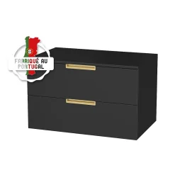 Meuble Vasque|Aurlane Meuble Salle de Bains 80 cm Laqué Noir Mat et Or Doré - 2 Tiroirs - Vasque Ronde à Poser Noire