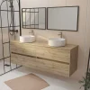 Ensemble Meuble De Salle De Bains|Aurlane Meuble Salle de Bains 160 TIMBER Décor Chêne 4 Tiroirs Plan Vasques à Poser Blanches 2 Miroirs 75x55