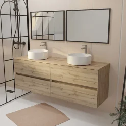 Ensemble Meuble De Salle De Bains|Aurlane Meuble Salle de Bains 160 TIMBER Décor Chêne 4 Tiroirs Plan Vasques à Poser Blanches 2 Miroirs 75x55