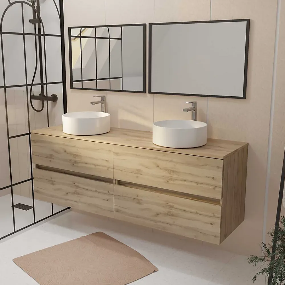 Ensemble Meuble De Salle De Bains|Aurlane Meuble Salle de Bains 160 TIMBER Décor Chêne 4 Tiroirs Plan Vasques à Poser Blanches 2 Miroirs 75x55