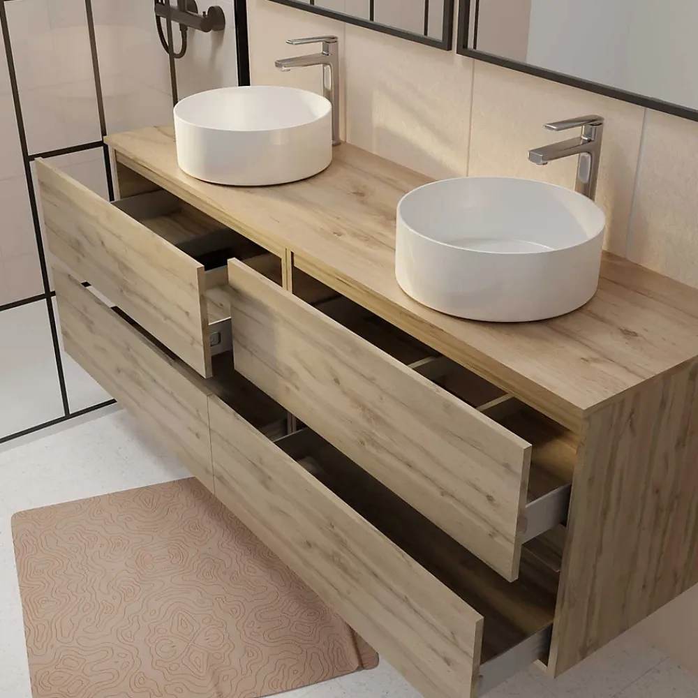 Ensemble Meuble De Salle De Bains|Aurlane Meuble Salle de Bains 160 TIMBER Décor Chêne 4 Tiroirs Plan Vasques à Poser Blanches 2 Miroirs 75x55