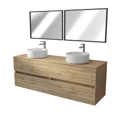 Ensemble Meuble De Salle De Bains|Aurlane Meuble Salle de Bains 160 TIMBER Décor Chêne 4 Tiroirs Plan Vasques à Poser Blanches 2 Miroirs 75x55