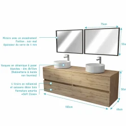 Ensemble Meuble De Salle De Bains|Aurlane Meuble Salle de Bains 160 TIMBER Décor Chêne 4 Tiroirs Plan Vasques à Poser Blanches 2 Miroirs 75x55