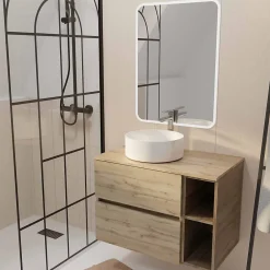 Aurlane Meuble salle de bains 80 TIMBER Décor Chêne Tiroirs + Module - Vasque Blanche - Miroir 60x80 LED