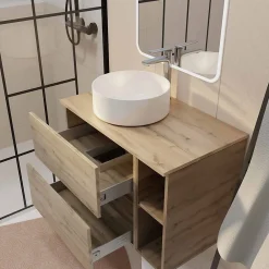 Aurlane Meuble salle de bains 80 TIMBER Décor Chêne Tiroirs + Module - Vasque Blanche - Miroir 60x80 LED