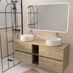 Aurlane Meuble Salle de Bains 140 TIMBER Décor Chêne 4 Tiroirs et Module Vasques Blanches Miroir LED 120x70