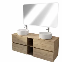 Aurlane Meuble Salle de Bains 140 TIMBER Décor Chêne 4 Tiroirs et Module Vasques Blanches Miroir LED 120x70