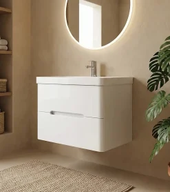 Meuble Vasque|Top Bath Meuble Salle de Bains avec vasque/lavabo FIDJI 80 suspendu laqué Blanc brillant avec plan en résine