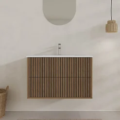 Meuble Vasque|Aurlane Meuble Salle de Bains 60cm 2 Tiroirs Décor Chêne et Noir Cranté - Vasque Blanche Mate - YUKI