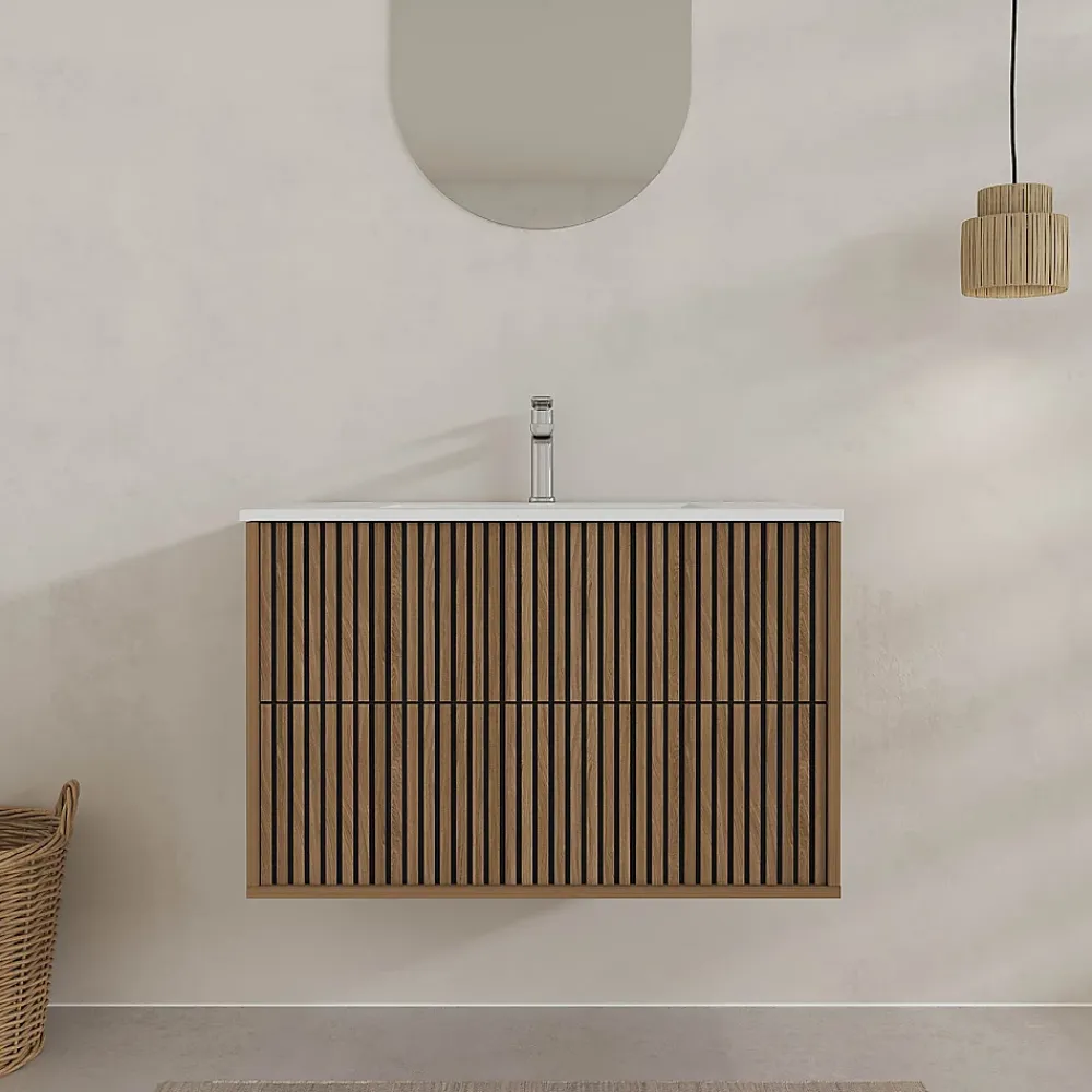 Meuble Vasque|Aurlane Meuble Salle de Bains 60cm 2 Tiroirs Décor Chêne et Noir Cranté - Vasque Blanche Mate - YUKI