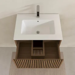 Meuble Vasque|Aurlane Meuble Salle de Bains 60cm 2 Tiroirs Décor Chêne et Noir Cranté - Vasque Blanche Mate - YUKI