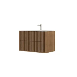 Meuble Vasque|Aurlane Meuble Salle de Bains 60cm 2 Tiroirs Décor Chêne et Noir Cranté - Vasque Blanche Mate - YUKI