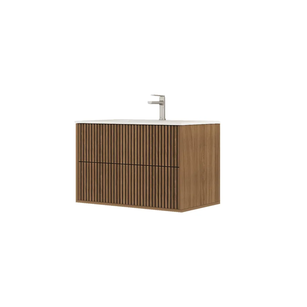 Meuble Vasque|Aurlane Meuble Salle de Bains 60cm 2 Tiroirs Décor Chêne et Noir Cranté - Vasque Blanche Mate - YUKI