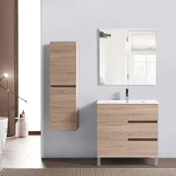 Top Bath Meuble Salle de Bains JUPITER 80 3 tiroir avec miroir simple et plan céramique, finition effet chene naturel