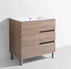 Top Bath Meuble Salle de Bains JUPITER 80 3 tiroir avec miroir simple et plan céramique, finition effet chene naturel