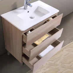 Top Bath Meuble Salle de Bains JUPITER 80 3 tiroir avec miroir simple et plan céramique, finition effet chene naturel