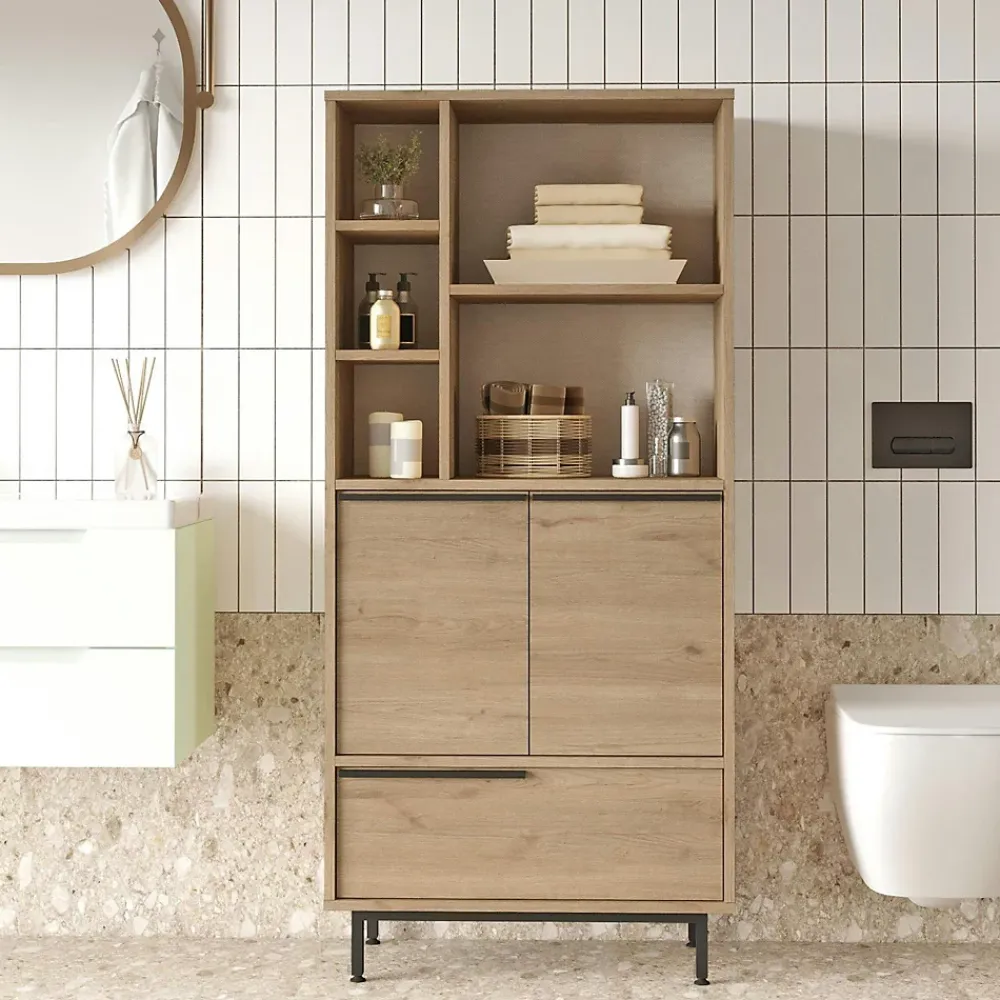 Armoire De Salle De Bains|Pier Import Meuble salle de bains moderne effet bois 3 portes JENA