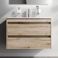 Meuble Vasque|Am.Pm Europe Meuble salle de bains suspendu 80 cm effet bois clair avec lavabo intégré, 2 tiroirs, design, chêne clair texturé AM.PM