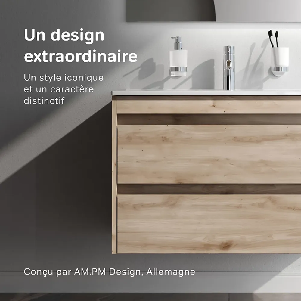 Meuble Vasque|Am.Pm Europe Meuble salle de bains suspendu 80 cm effet bois clair avec lavabo intégré, 2 tiroirs, design, chêne clair texturé AM.PM