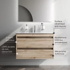 Meuble Vasque|Am.Pm Europe Meuble salle de bains suspendu 80 cm effet bois clair avec lavabo intégré, 2 tiroirs, design, chêne clair texturé AM.PM