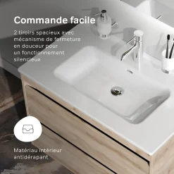 Meuble Vasque|Am.Pm Europe Meuble salle de bains suspendu 80 cm effet bois clair avec lavabo intégré, 2 tiroirs, design, chêne clair texturé AM.PM