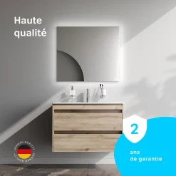 Meuble Vasque|Am.Pm Europe Meuble salle de bains suspendu 80 cm effet bois clair avec lavabo intégré, 2 tiroirs, design, chêne clair texturé AM.PM