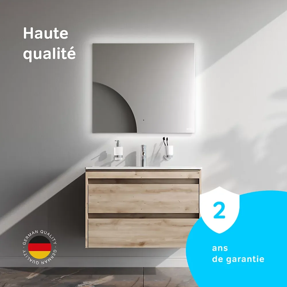 Meuble Vasque|Am.Pm Europe Meuble salle de bains suspendu 80 cm effet bois clair avec lavabo intégré, 2 tiroirs, design, chêne clair texturé AM.PM