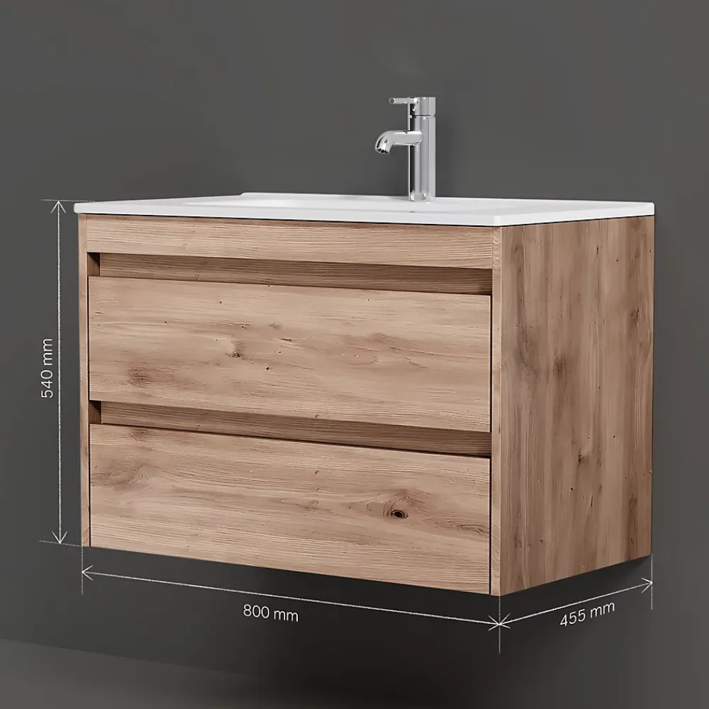 Meuble Vasque|Am.Pm Europe Meuble salle de bains suspendu 80 cm effet bois clair avec lavabo intégré, 2 tiroirs, design, chêne clair texturé AM.PM
