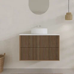 Meuble Vasque|Aurlane Meuble Salle de Bains YUKI 80 2 Tiroirs Décor Chêne et Noir Cranté - Plan et Vasque Blanche Mate
