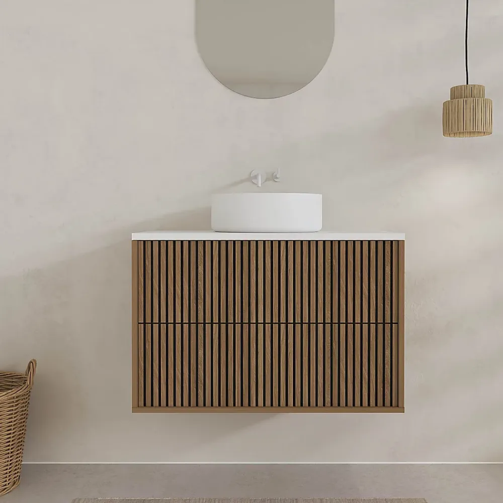 Meuble Vasque|Aurlane Meuble Salle de Bains YUKI 80 2 Tiroirs Décor Chêne et Noir Cranté - Plan et Vasque Blanche Mate