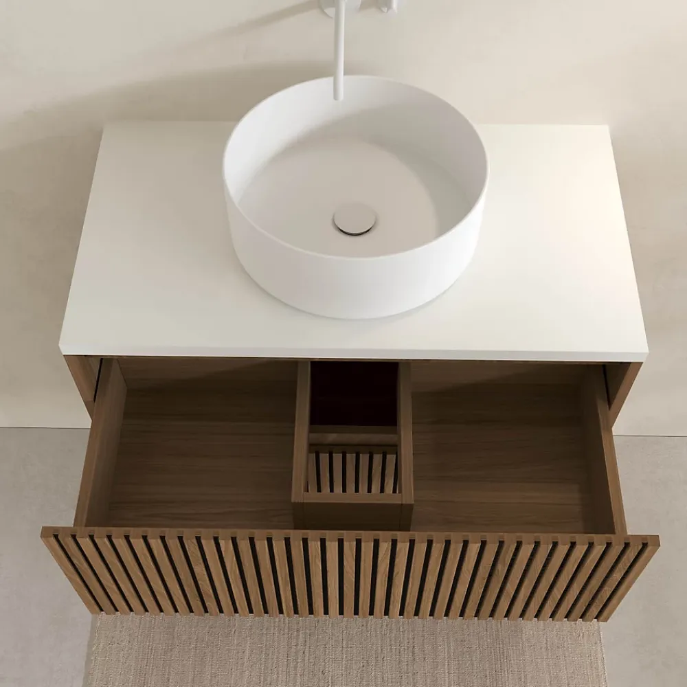 Meuble Vasque|Aurlane Meuble Salle de Bains YUKI 80 2 Tiroirs Décor Chêne et Noir Cranté - Plan et Vasque Blanche Mate