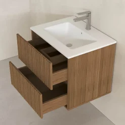 Aurlane Meuble Salle de Bains YUKI 60 - 2 Tiroirs Décor Chêne et Noir - Vasque Blanche - Miroir LED 60