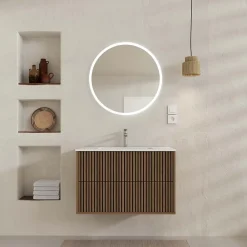 Aurlane Meuble Salle de Bains YUKI 60 - 2 Tiroirs Décor Chêne et Noir - Vasque Blanche - Miroir LED 60