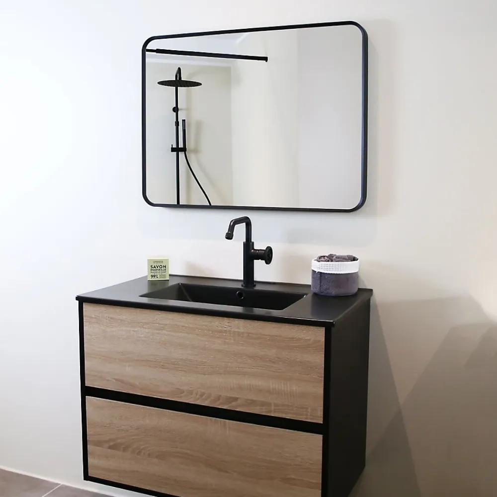 Essebagno Meuble simple vasque effet chêne et noir mat Indus