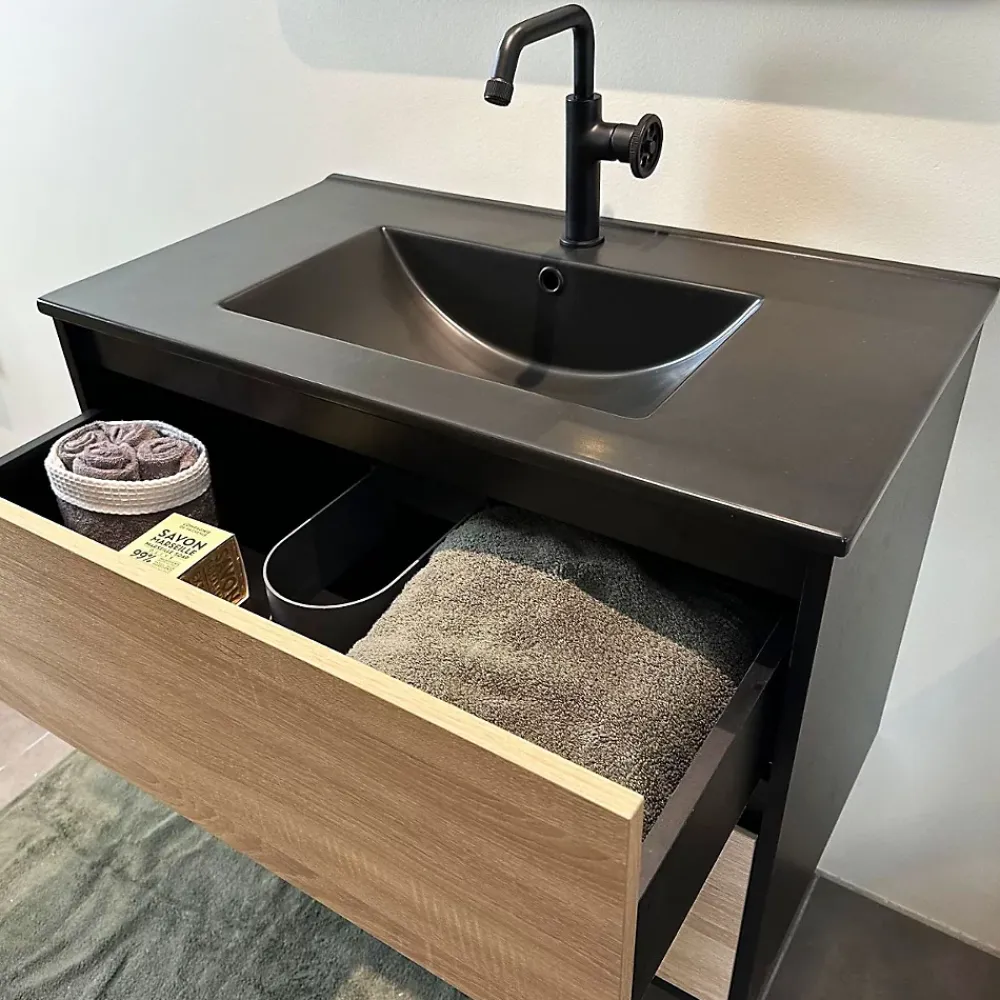 Essebagno Meuble simple vasque effet chêne et noir mat Indus