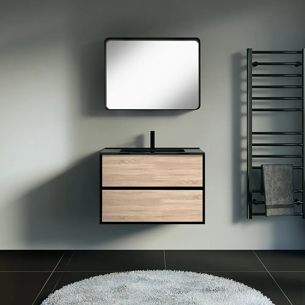 Essebagno Meuble simple vasque effet chêne et noir mat Indus