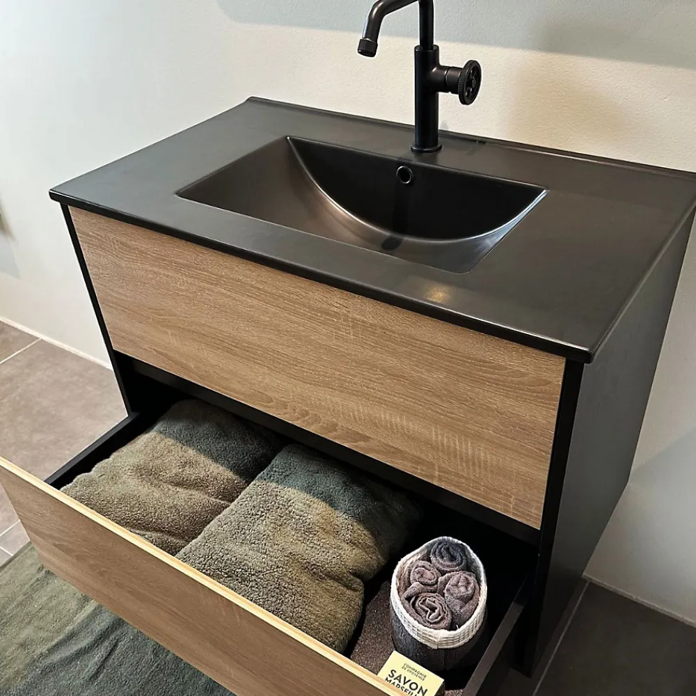 Essebagno Meuble simple vasque effet chêne et noir mat Indus