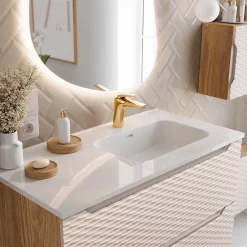 Petits-Meubles Meuble simple vasque encastree droite 120cm 2 tiroirs Elora Beige et bois