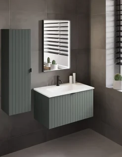 Furnidea Meuble sous double vasque suspendu HARMO 160 cm Façade rainuré vert semi-mat
