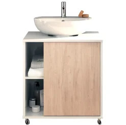 Pegane Meuble sous lavabo 1 porte coloris Blanc brillant / effet bois - Hauteur 64 x Longueur 59 x Profondeur 45 cm