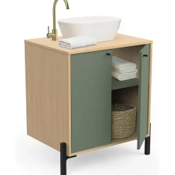 Meuble Vasque|Box & Beyond Meuble sous lavabo 2 portes bois naturel et vert 69 x 50 x 78 cm