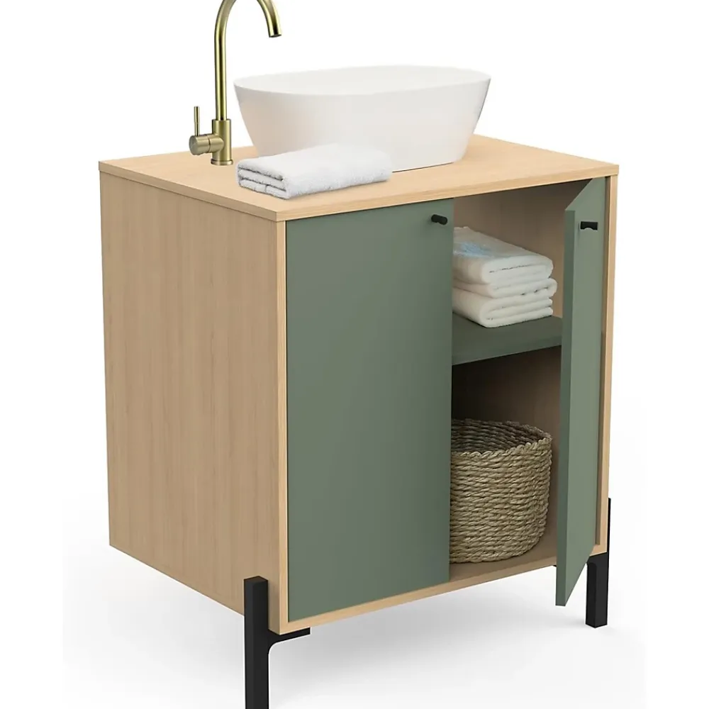Meuble Vasque|Box & Beyond Meuble sous lavabo 2 portes bois naturel et vert 69 x 50 x 78 cm