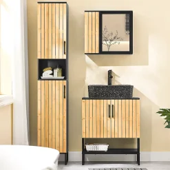 Sobuy Meuble sous Lavabo Salle de Bain 60 cm en Bambou et Métal pour Espace Réduit, BZR202-SCH