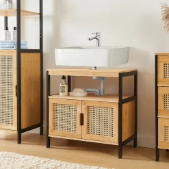 Armoire De Salle De Bains|Meuble De Salle De Bains Faible Profondeur|[En.Casa] Meuble sous lavabo Tervola bambou 60 x 60 x 35 cm noir naturel aspect rotin en.casa