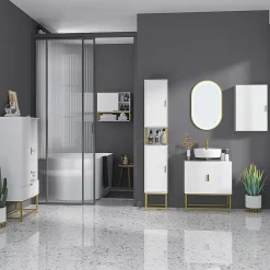 Meuble Sous-Vasque|kleankin Meuble sous vasque - 2 portes - dim. 60L x 30l x 65H cm - acier doré MDF blanc