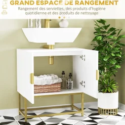 Meuble Sous-Vasque|kleankin Meuble sous vasque - 2 portes - dim. 60L x 30l x 65H cm - acier doré MDF blanc