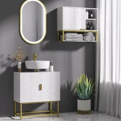Meuble Sous-Vasque|kleankin Meuble sous vasque - 2 portes - dim. 60L x 30l x 65H cm - acier doré MDF blanc