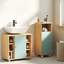 Meuble Sous-Vasque|Homcom Meuble sous vasque 6 niches porte étagère dim. 60 x 33 x 57 cm effet bois clair vert d'eau